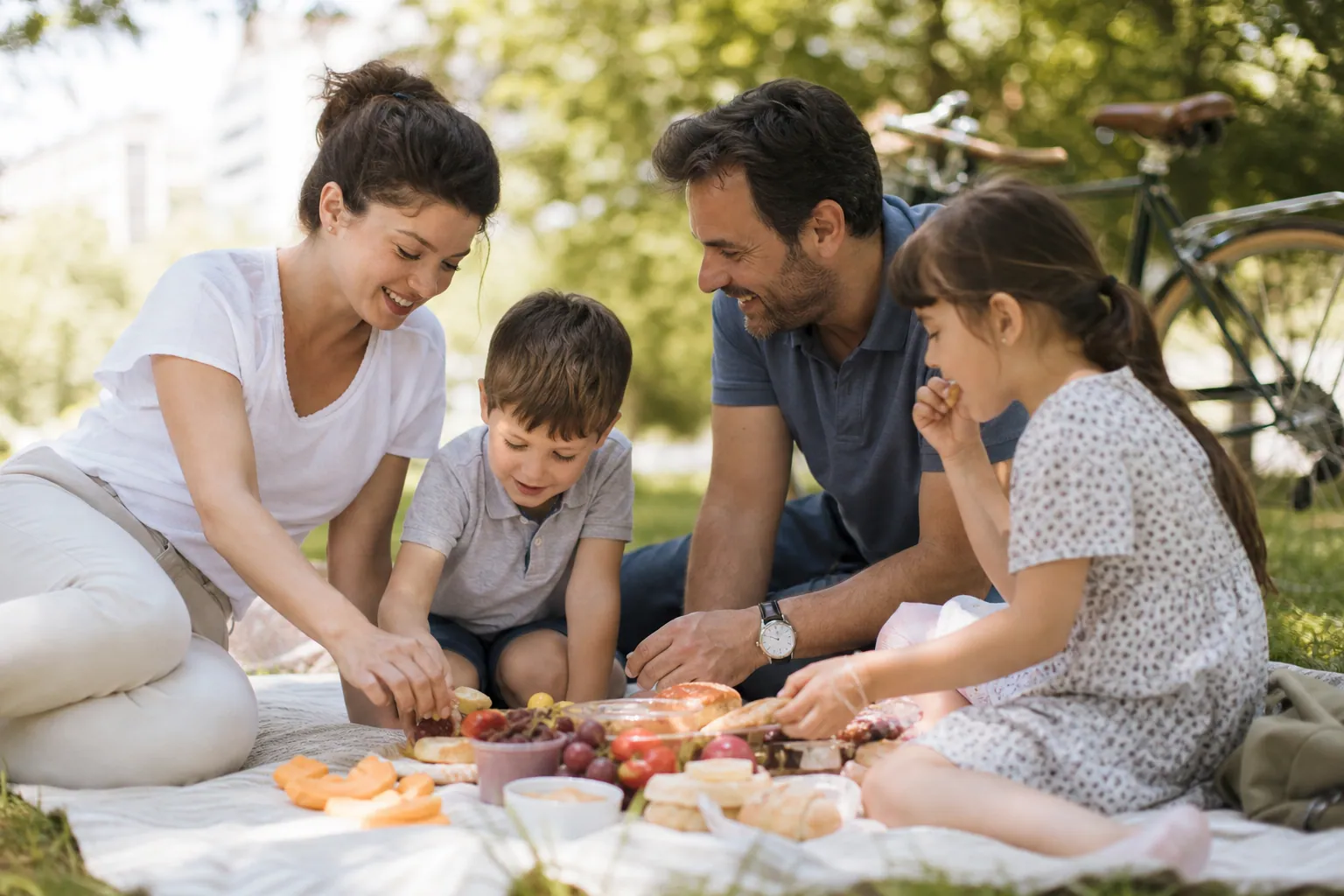 Famille française en pique-nique au parc avec vélos, moment de week-end chaleureux
