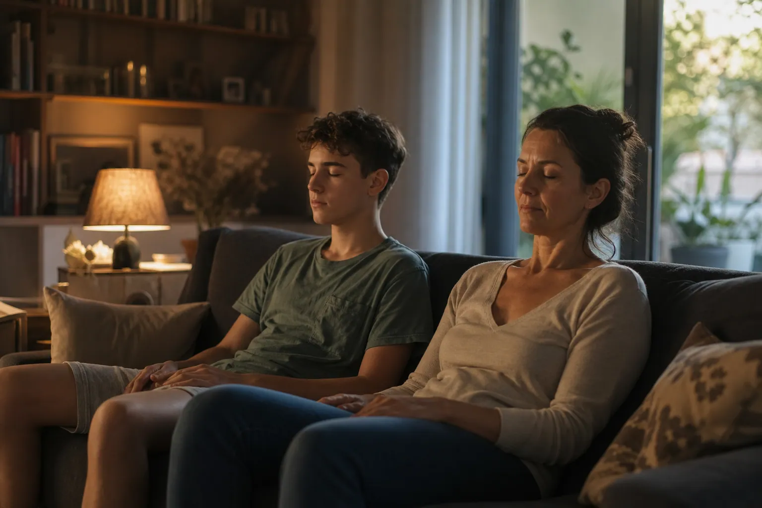 Parent et adolescent pratiquant une respiration calme dans un salon lumineux