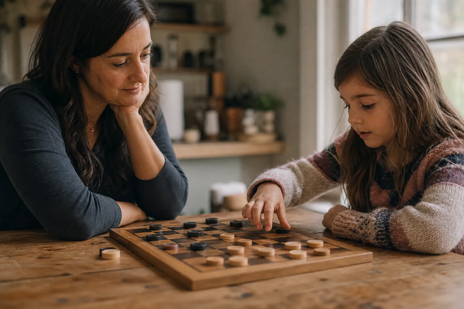 Un enfant réfléchit à son prochain coup en jouant aux dames avec sa mère.