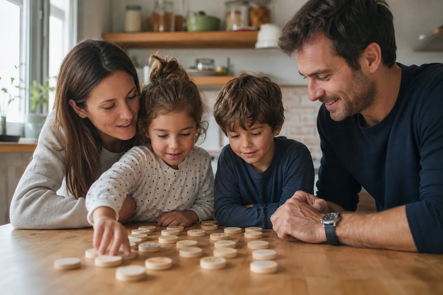 Une famille joue à un jeu de mémoire en bois autour d’une table lumineuse.
