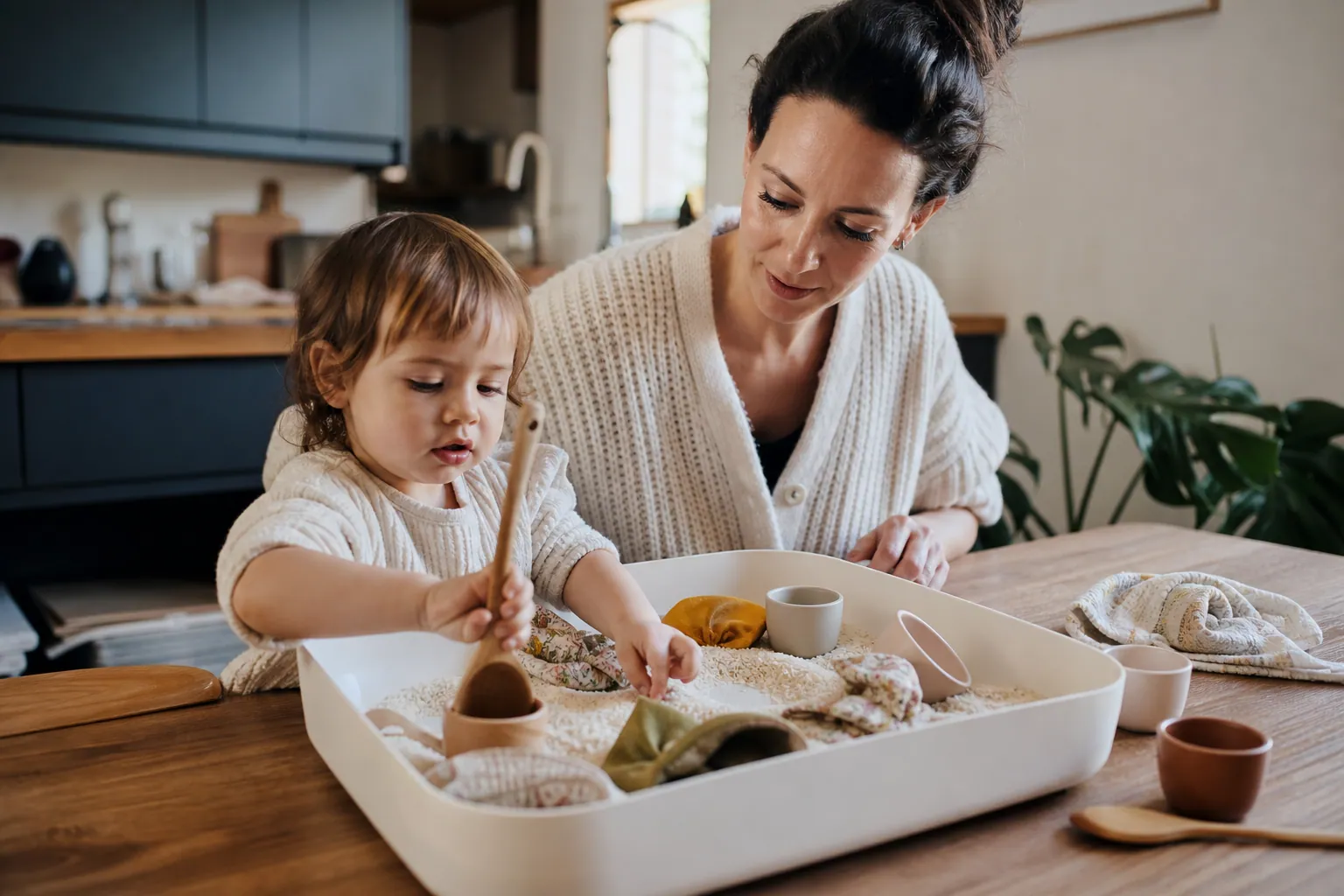 Parent et tout-petit jouant avec un bac sensoriel sur une table de cuisine