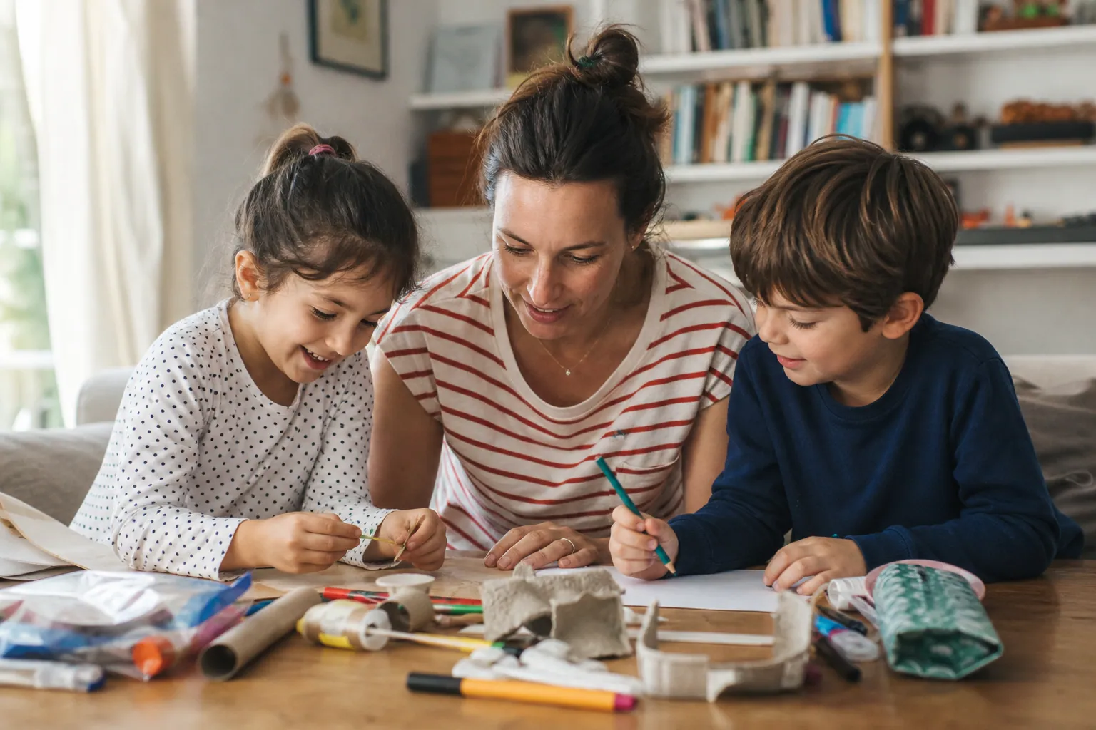 Parent et enfants faisant un bricolage simple à la maison, dans une ambiance chaleureuse.