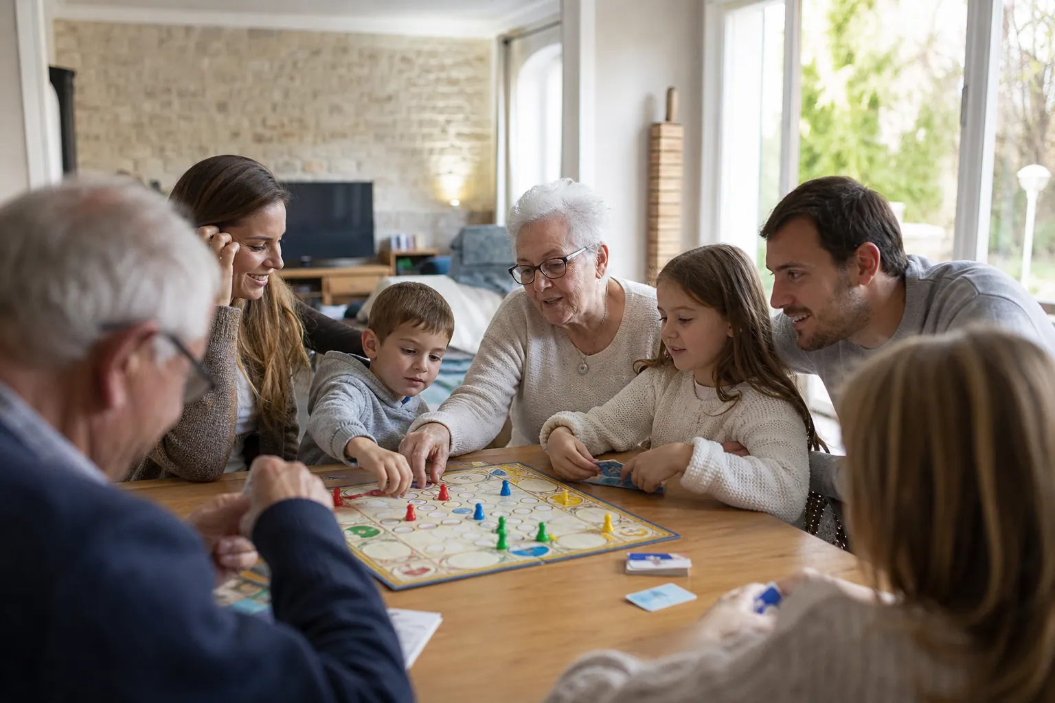 Une famille joue à des jeux de société autour d’une table dans un salon lumineux.