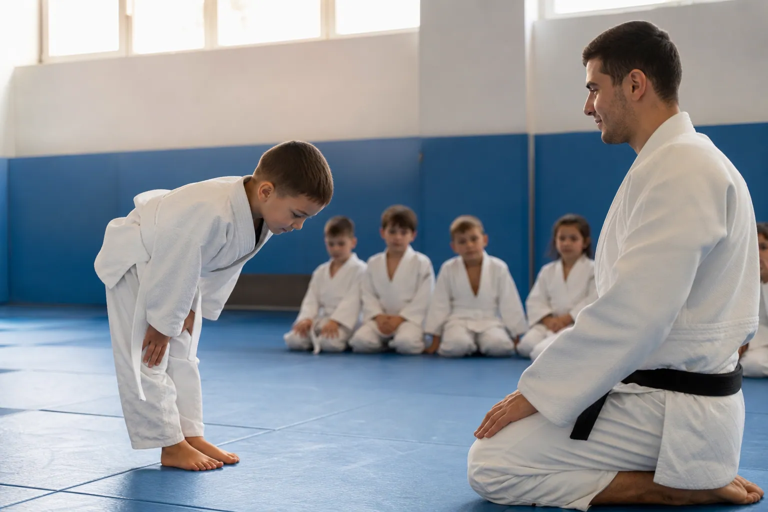 Un enfant en kimono salue son professeur de judo sur un tatami.