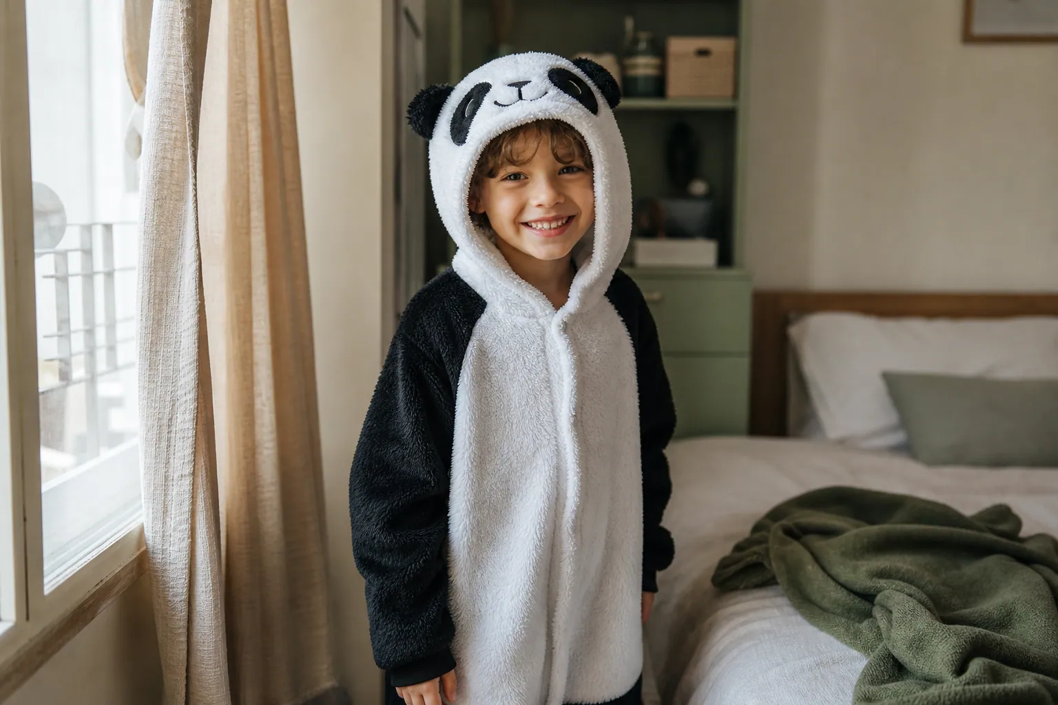 Enfant souriant portant un kigurumi panda dans une chambre lumineuse.