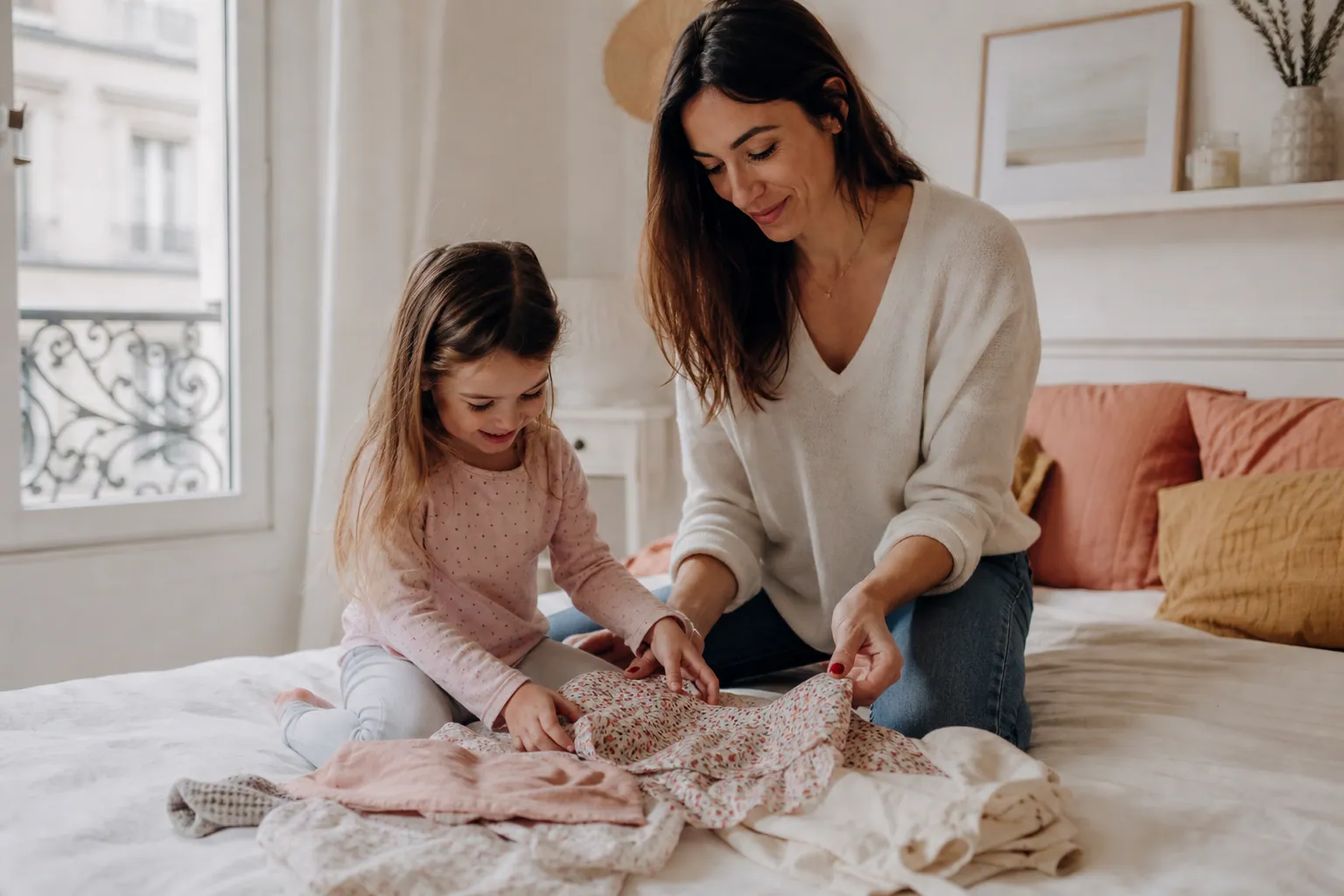 Mère et petite fille essayant des vêtements confortables dans une chambre lumineuse
