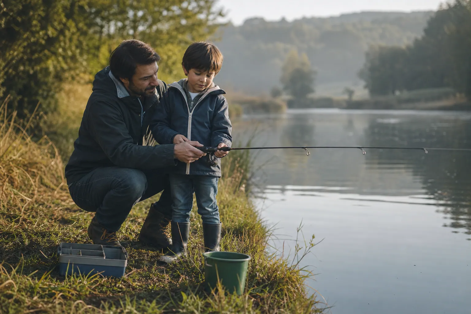 Parent et enfant au bord de l’eau, canne à pêche à la main, prêts pour une première sortie.