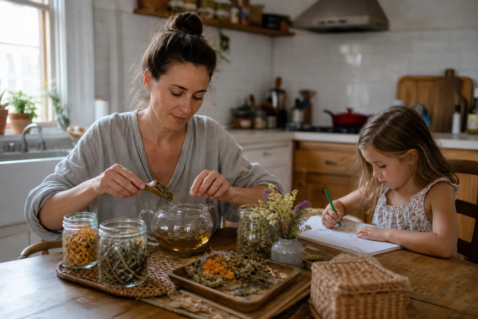Parent préparant une tisane de plantes dans une cuisine familiale, avec un enfant à proximité.