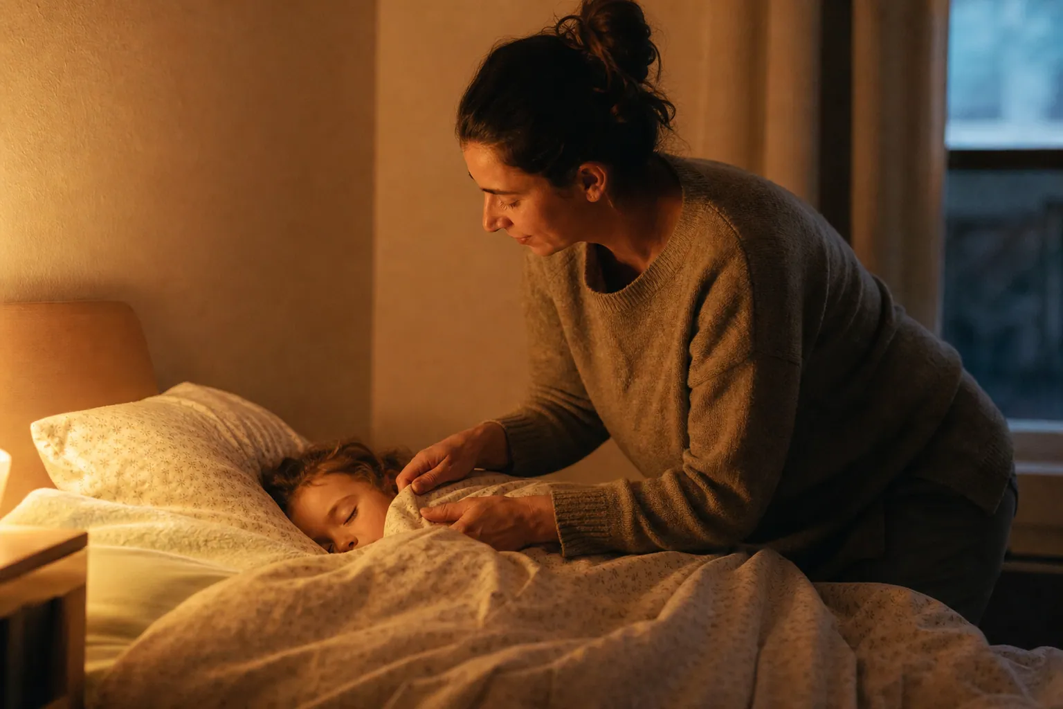 Parent français bordant un enfant dans une chambre douce et chaleureuse