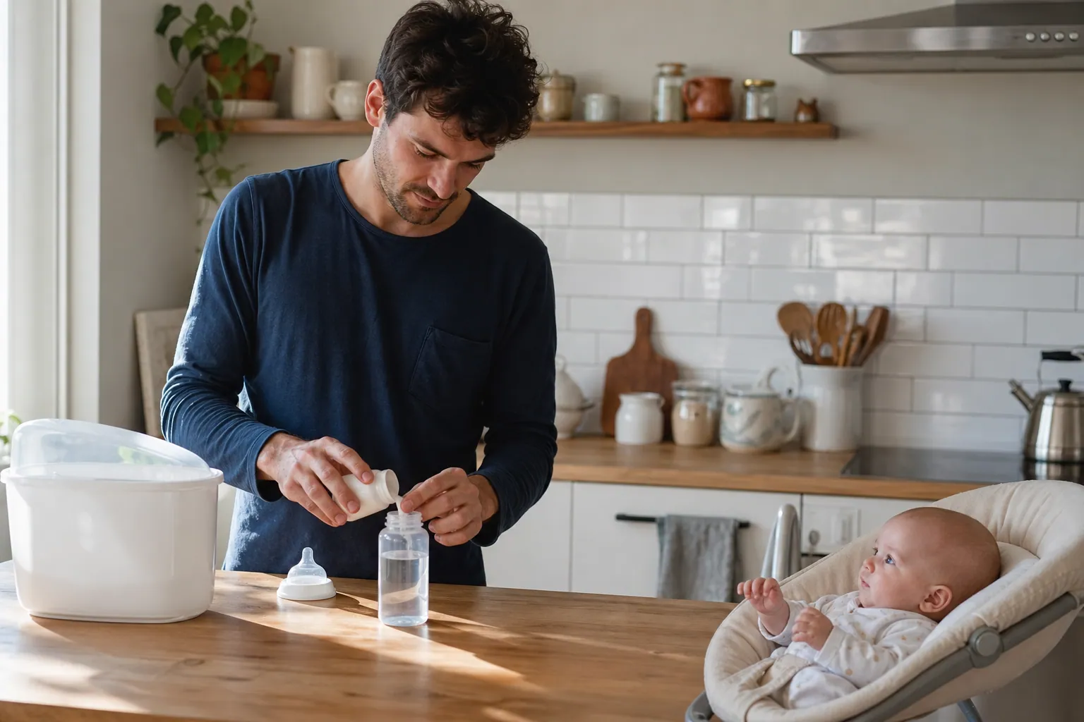 Parent préparant un biberon de lait infantile dans une cuisine lumineuse avec son bébé.