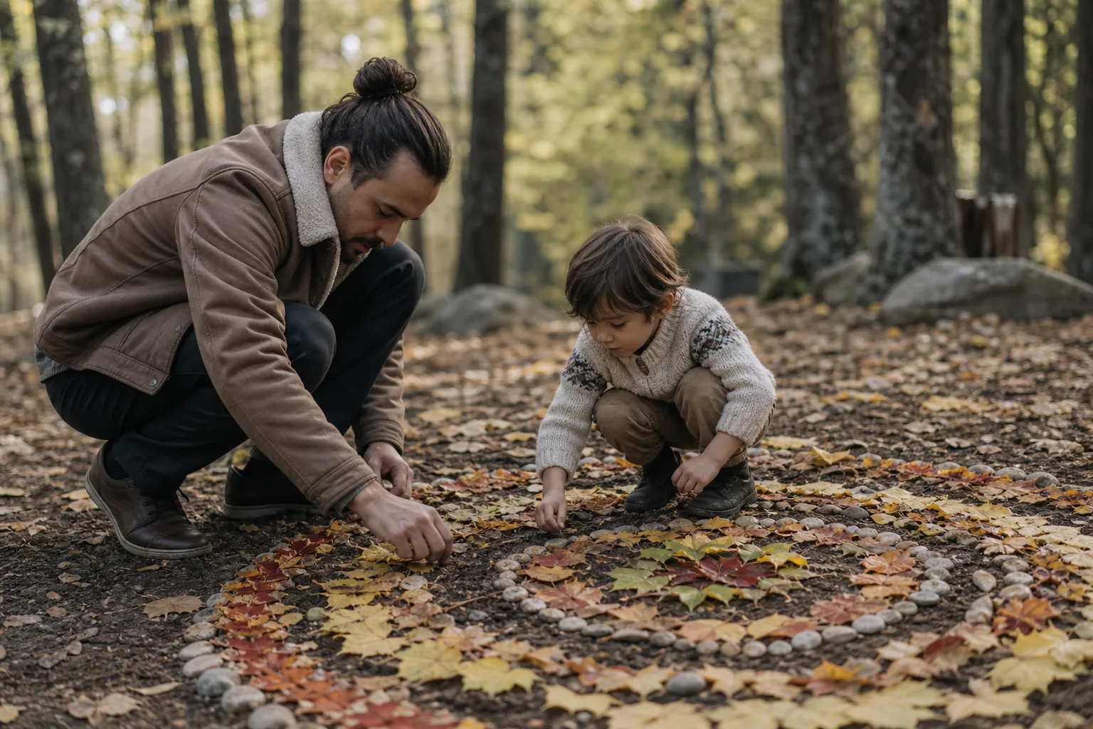 Un enfant compose une spirale de feuilles et de cailloux au sol en forêt avec son père.
