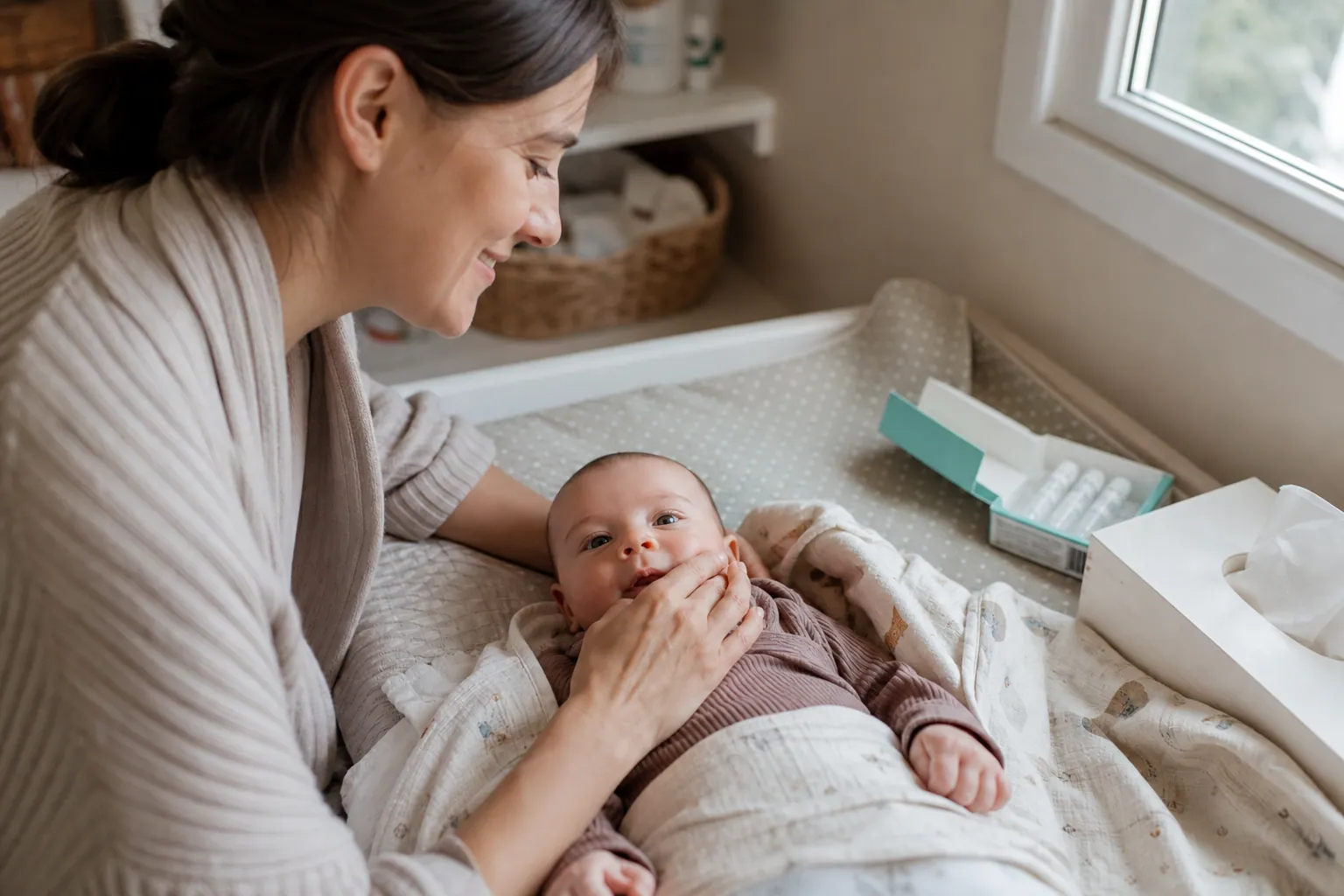 Un parent caresse la joue de son bébé allongé sur une table à langer, près d'une boîte de dosettes de sérum.