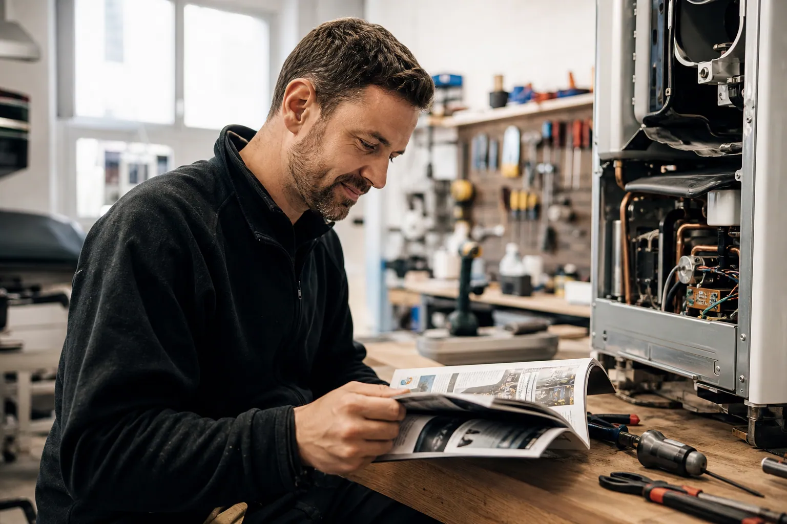 Technicien de réparation lisant un magazine dans un atelier lumineux et authentique.