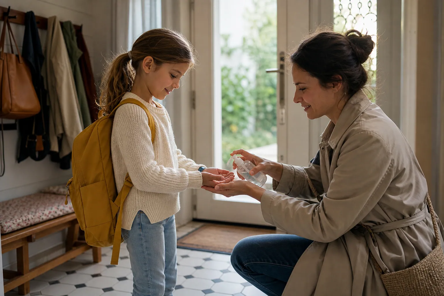 Parent appliquant du gel hydroalcoolique aux mains d’un enfant dans une entrée lumineuse