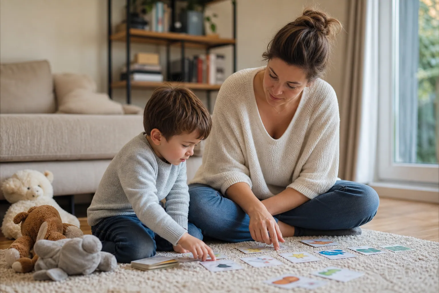 Parent et enfant de maternelle jouant avec des cartes d’anglais à la maison.