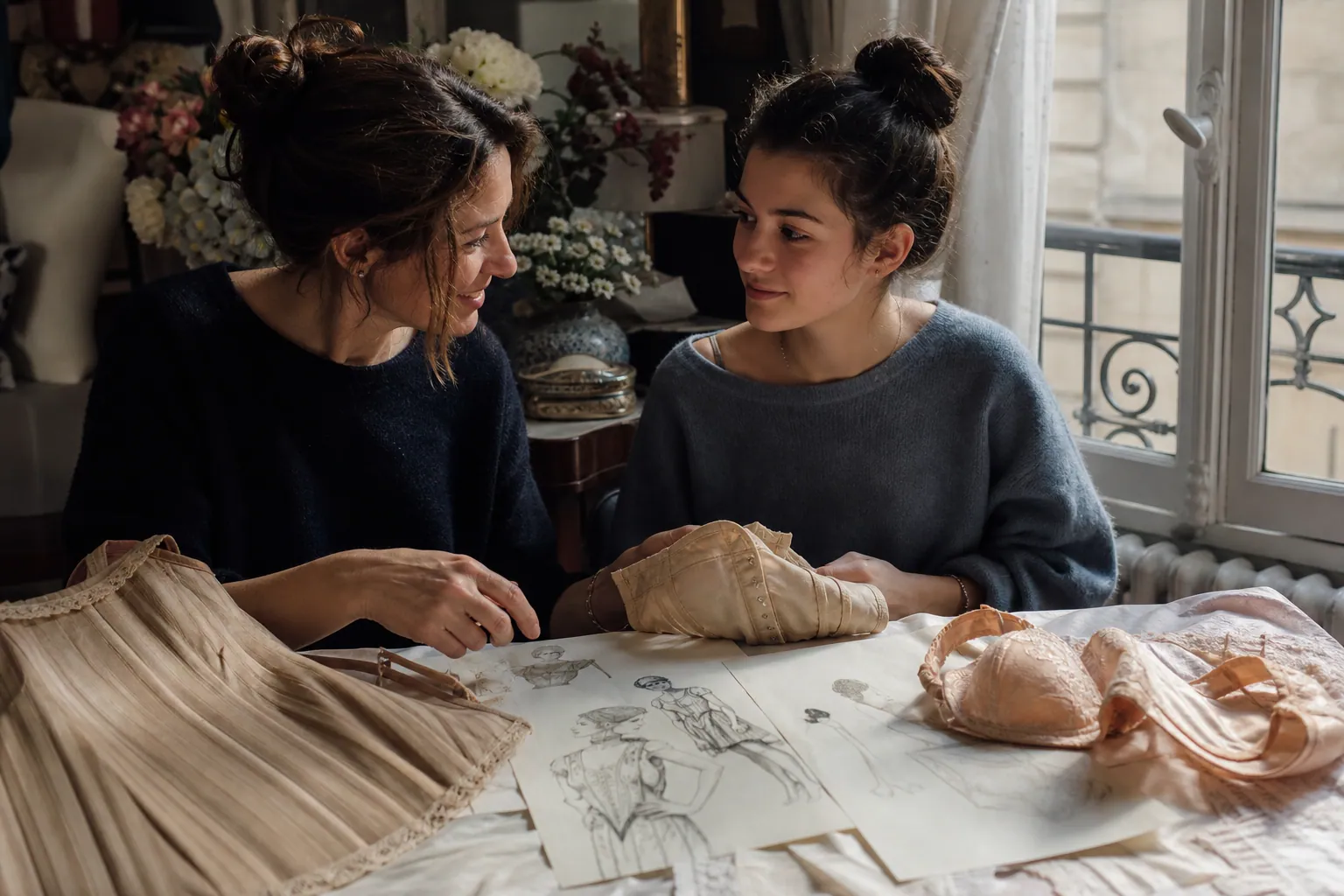 Mère et fille regardant des images de mode avec un corset vintage.
