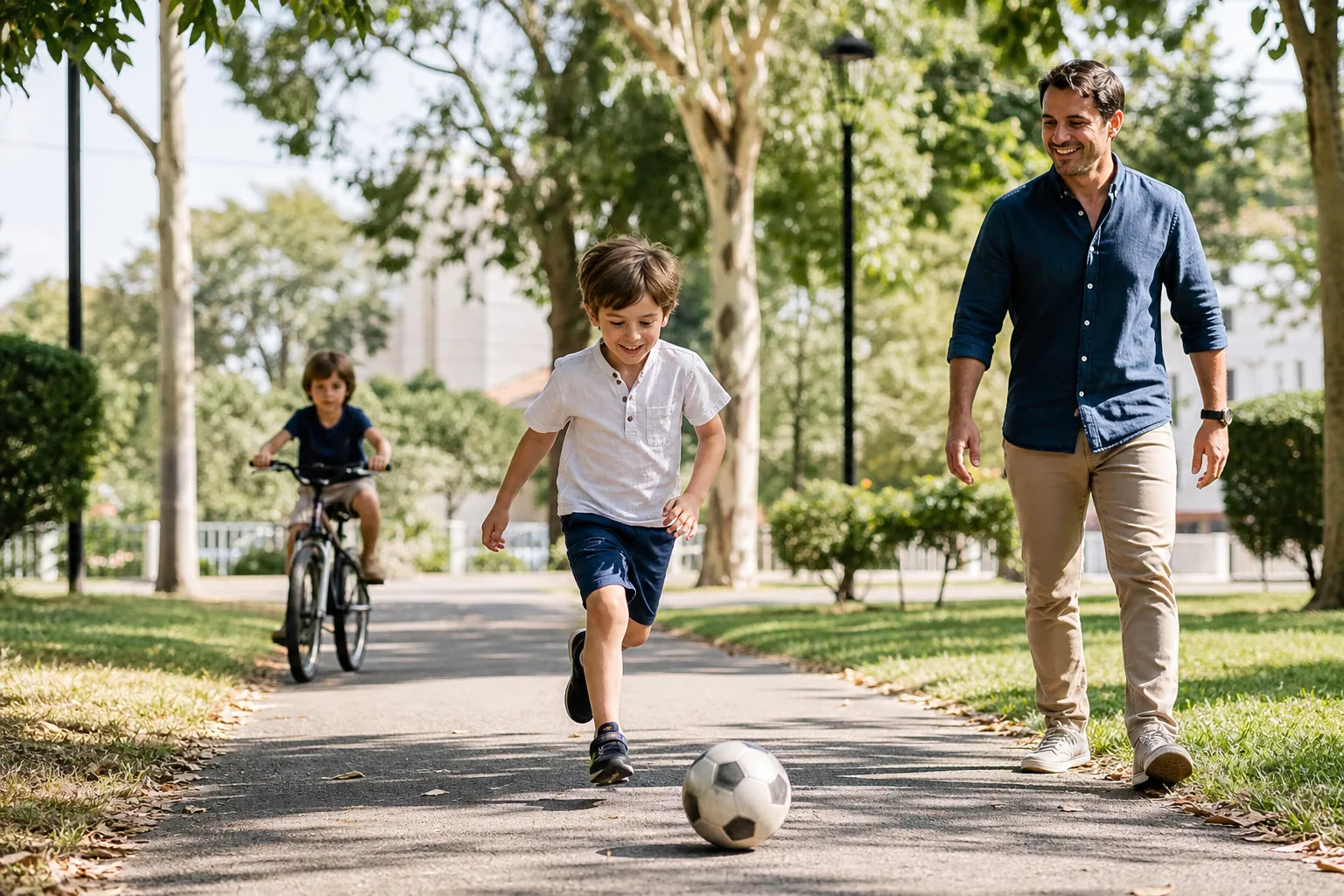 Enfant courant dans un parc avec ses parents, dans une scène familiale chaleureuse.