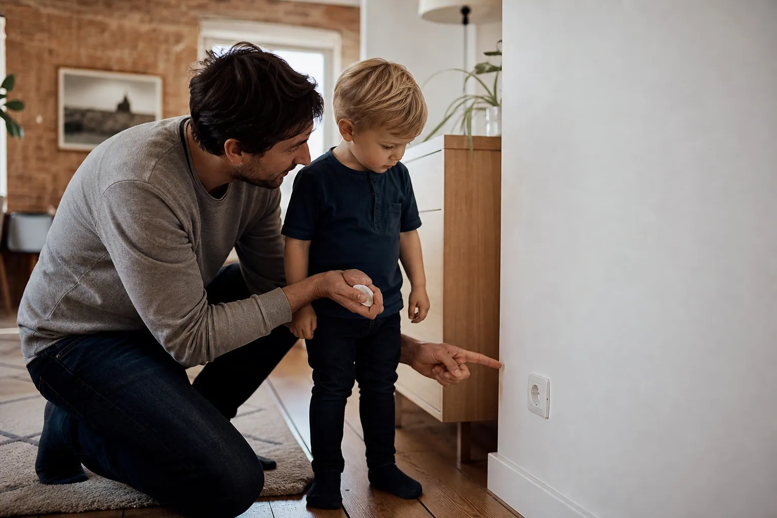 Parent et enfant devant une prise protégée, dans un salon lumineux.