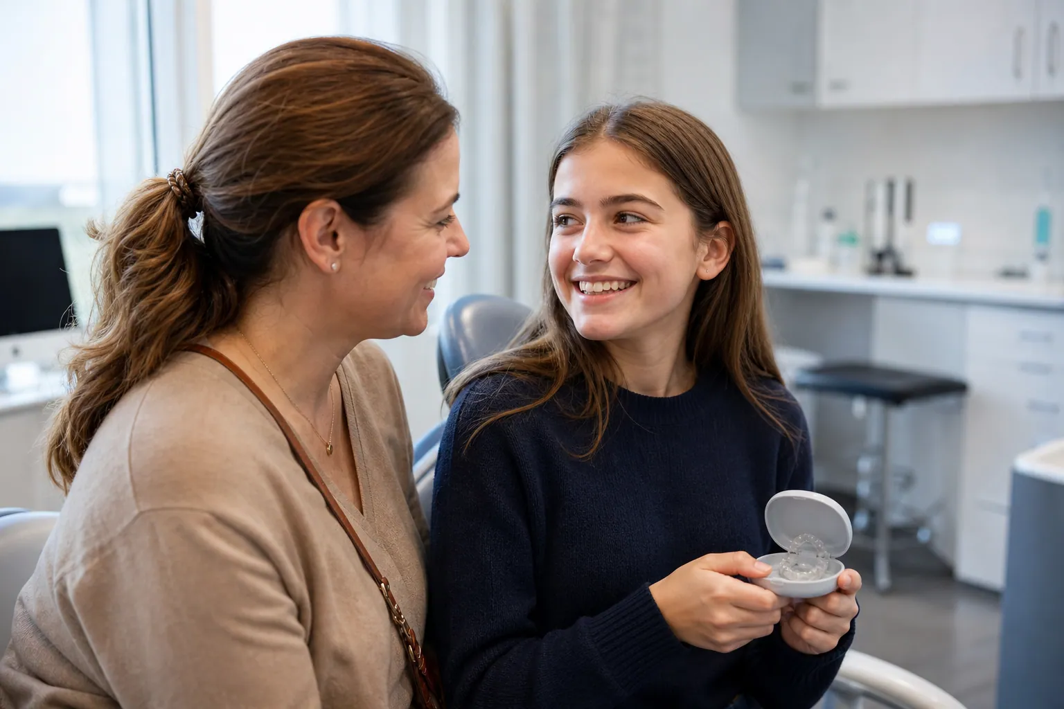 Adolescente souriante tenant une gouttière transparente chez l’orthodontiste.