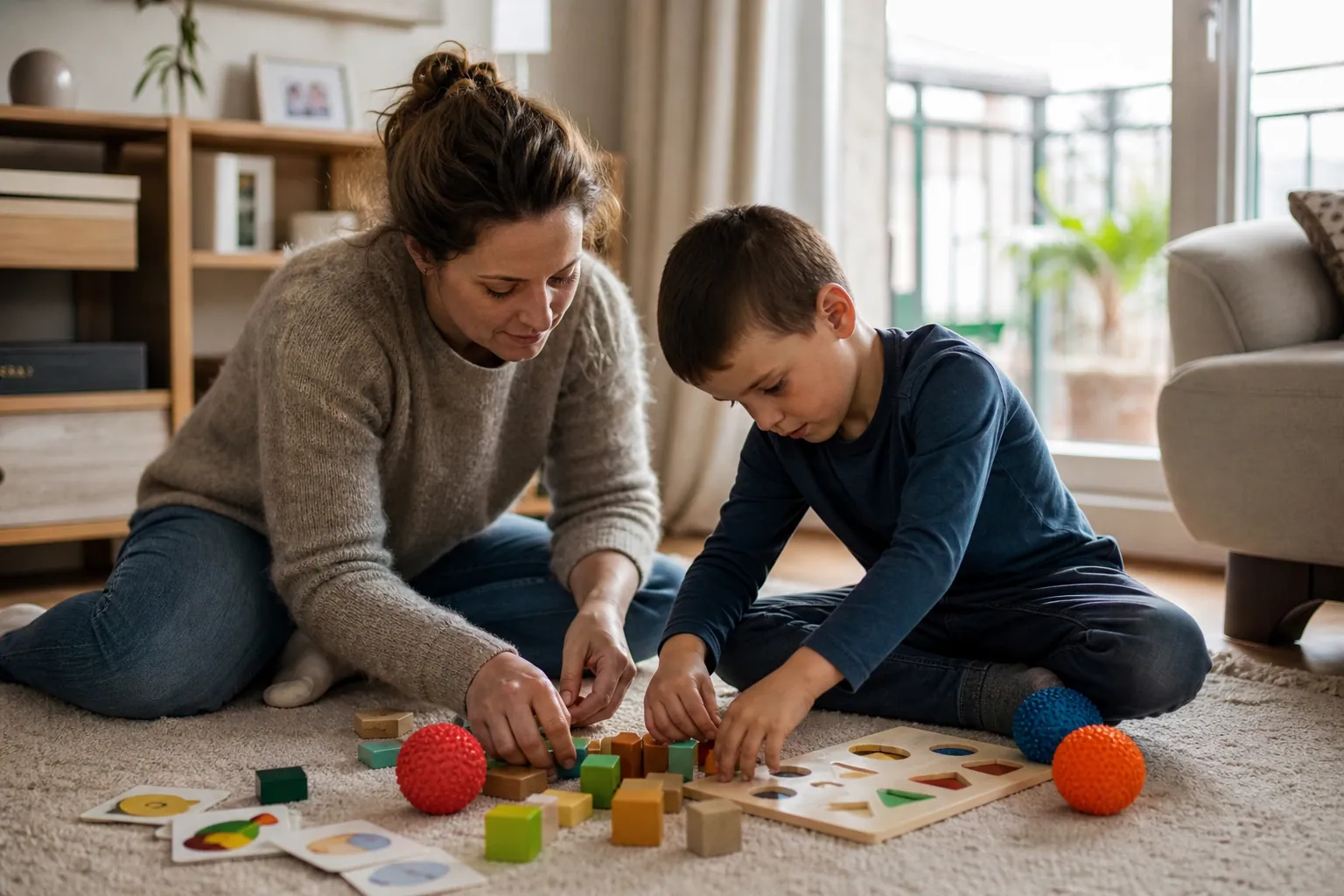 Parent et enfant choisissant des jouets éducatifs simples à la maison