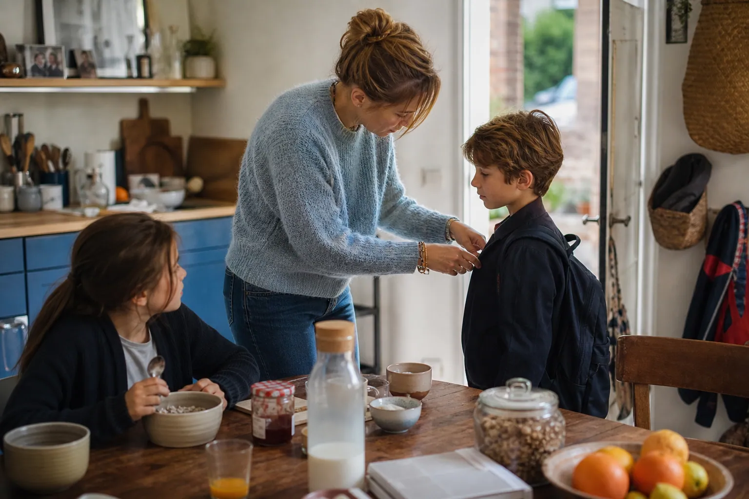 Maman aidant ses enfants à se préparer le matin dans une cuisine familiale