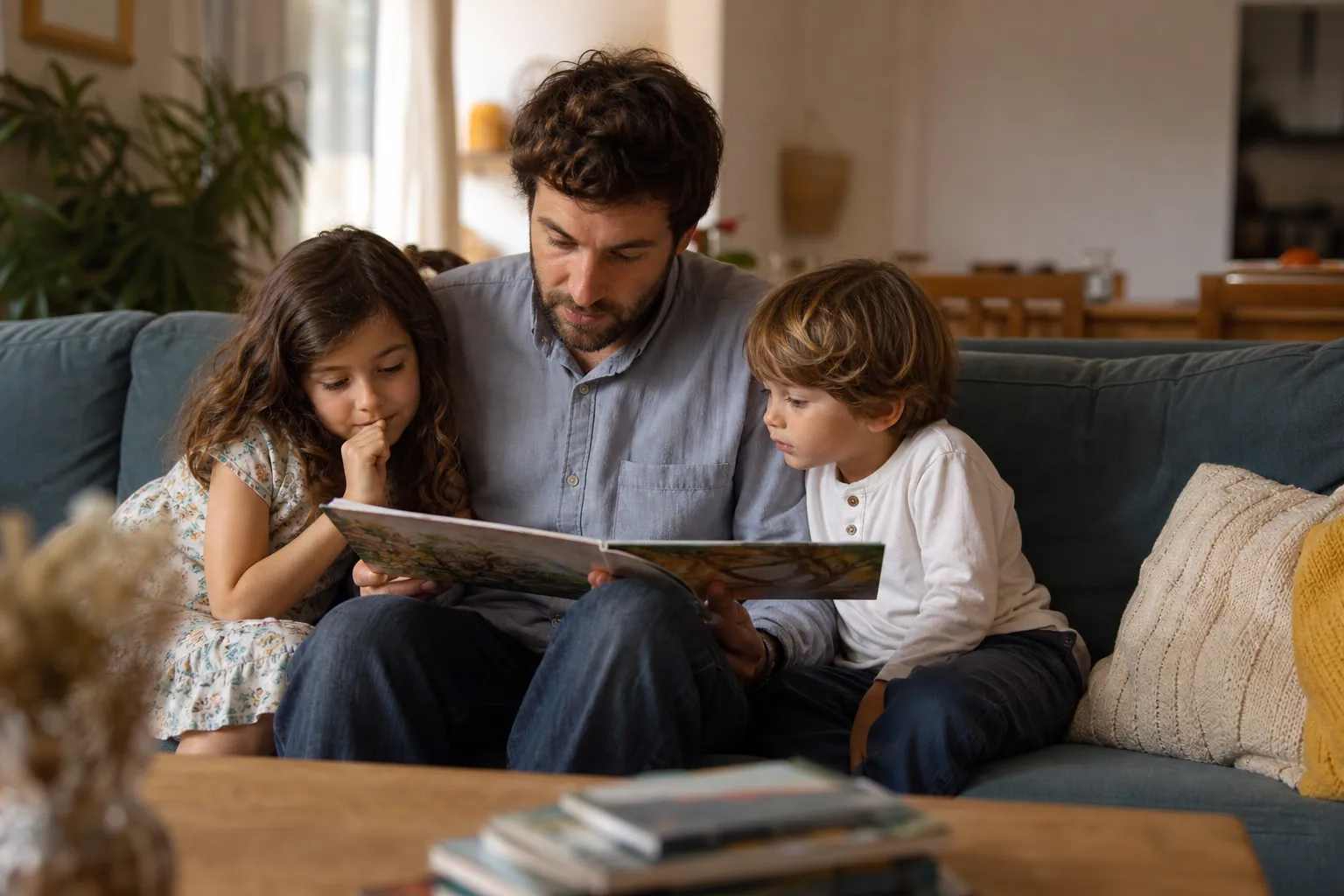 Parent lisant un livre à deux enfants dans un salon chaleureux