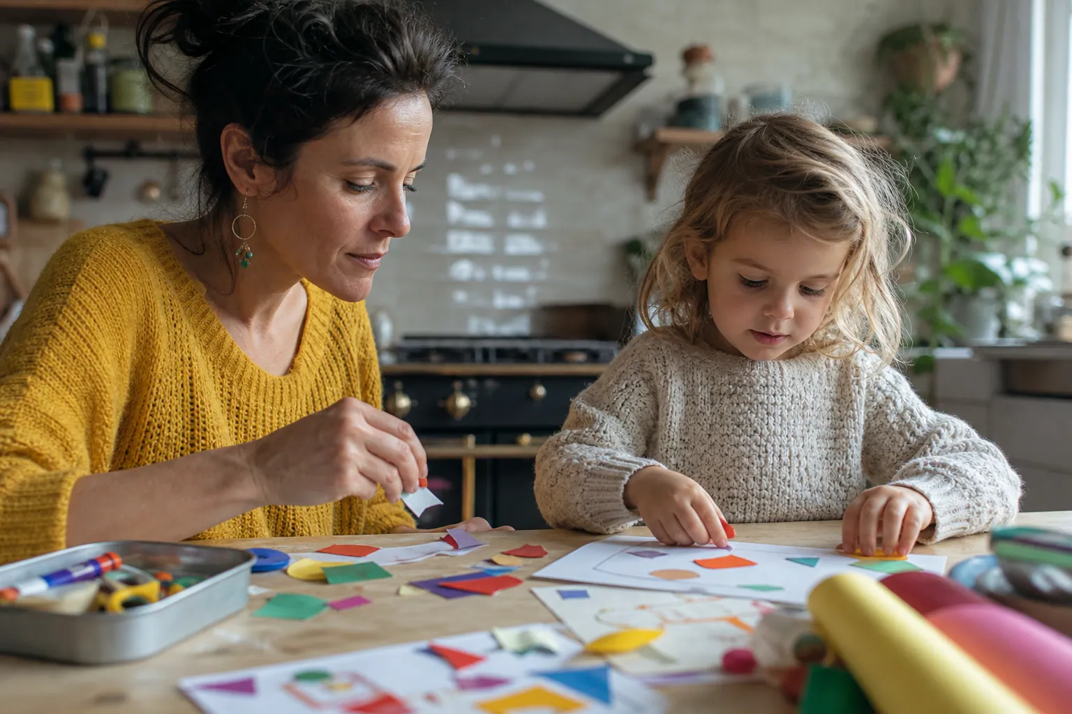 Parent et enfant français créant un collage coloré à la maison