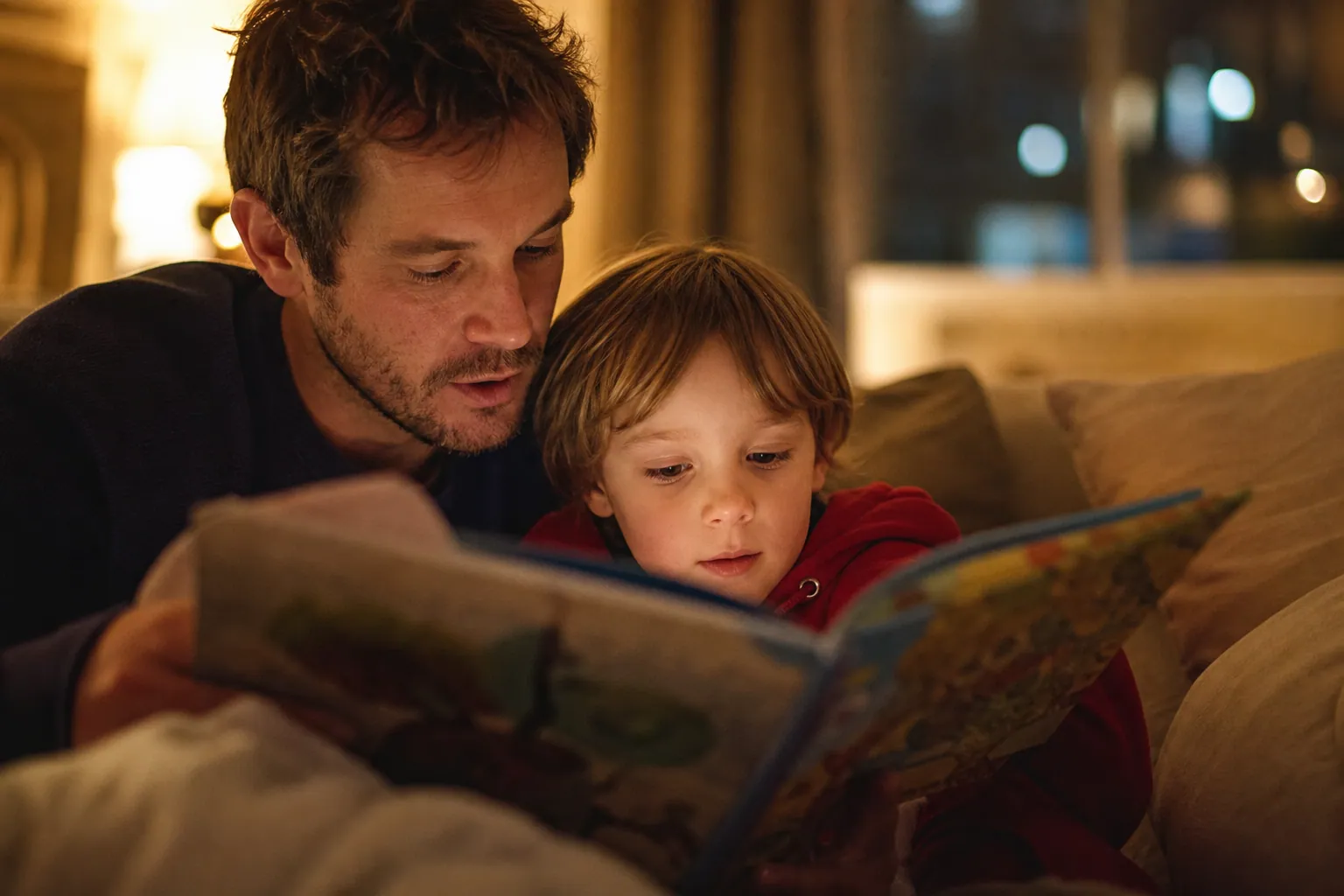 Parent lisant un livre bilingue avec un jeune enfant dans une ambiance chaleureuse.
