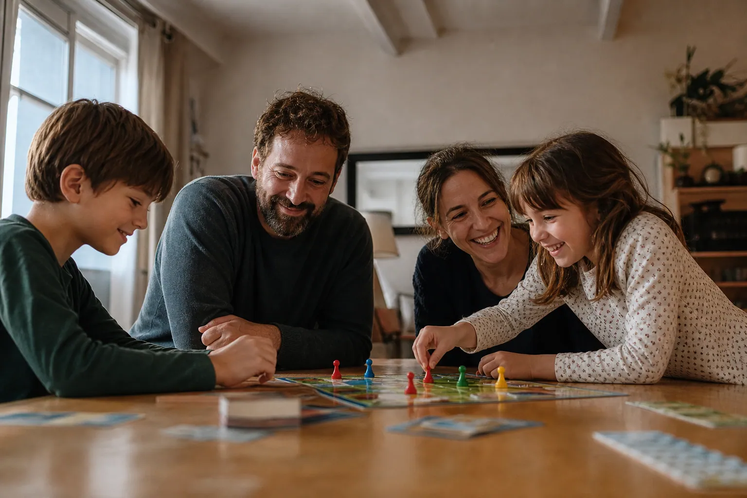 Famille française jouant à un jeu de société autour de la table