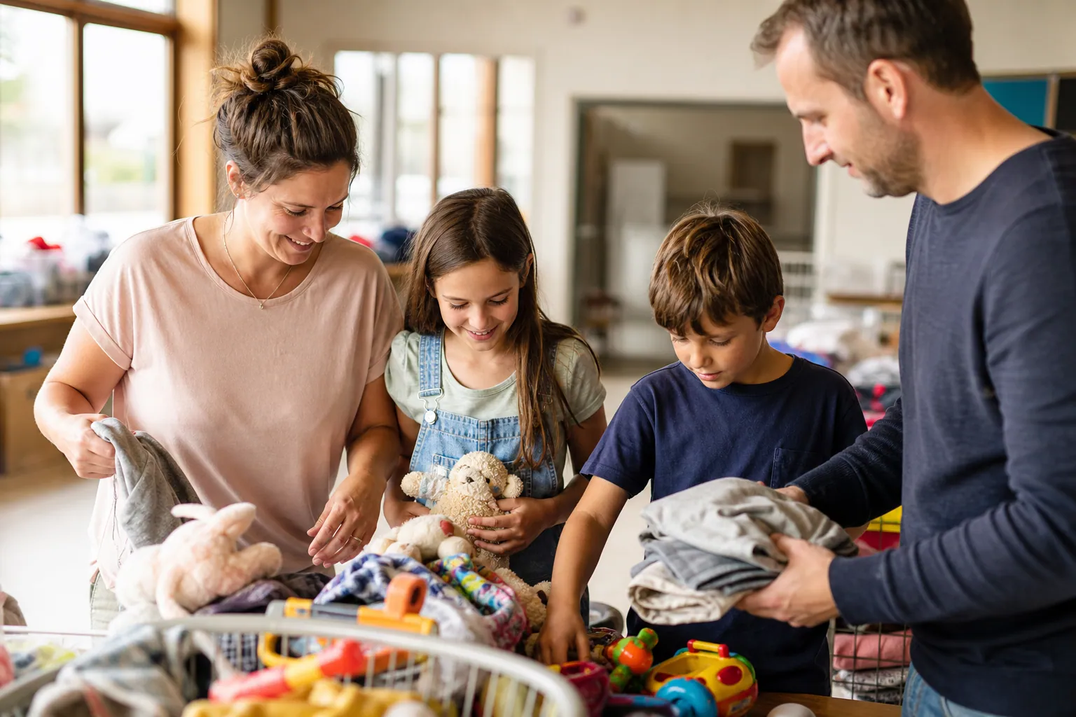 Une famille trie des dons dans un centre solidaire, dans une ambiance chaleureuse et naturelle.
