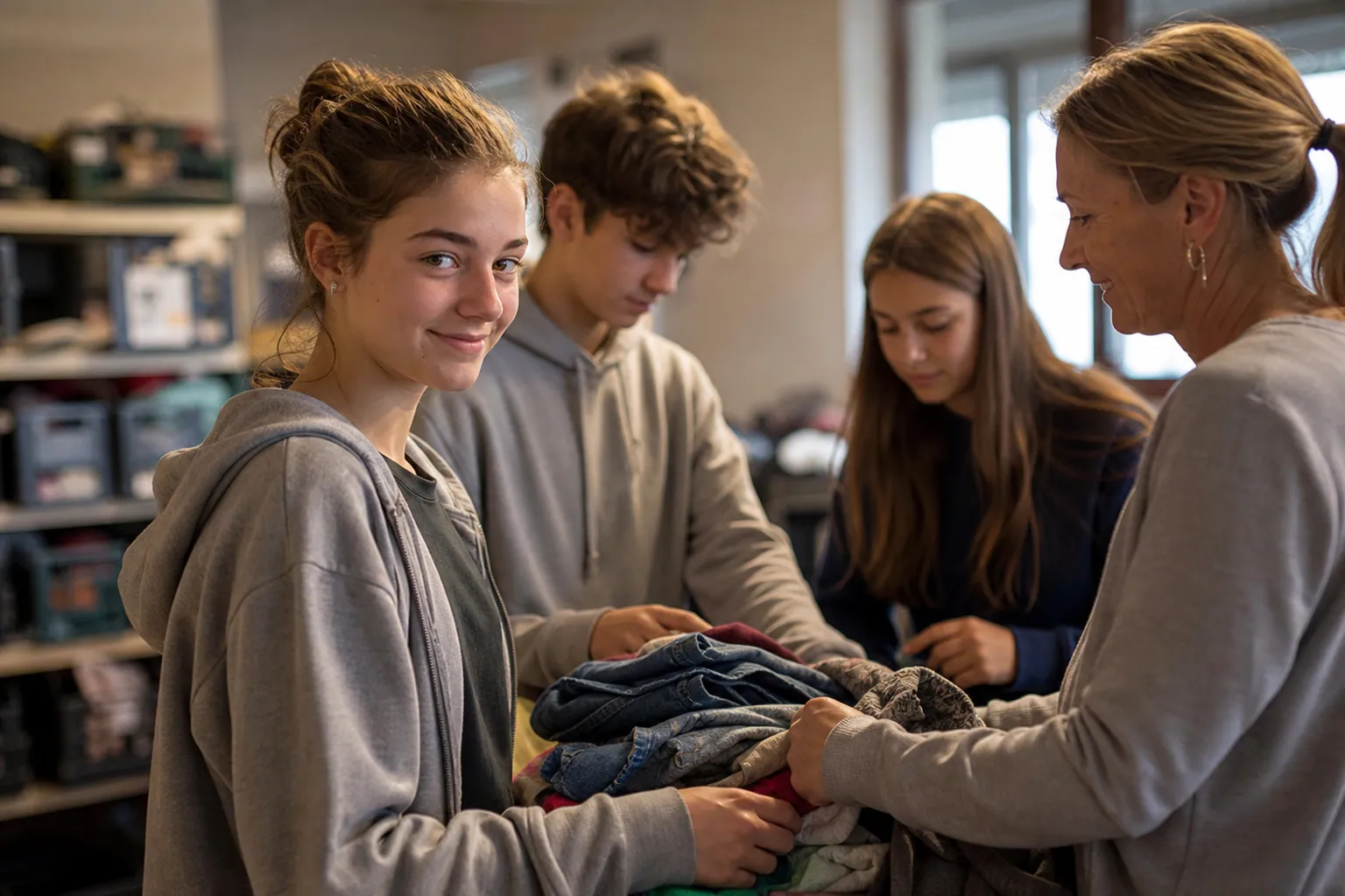 Une adolescente trie des dons avec d’autres bénévoles dans une association locale.