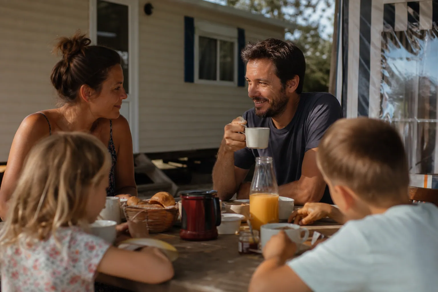 Une famille française partage un petit-déjeuner au camping sous la lumière du matin.