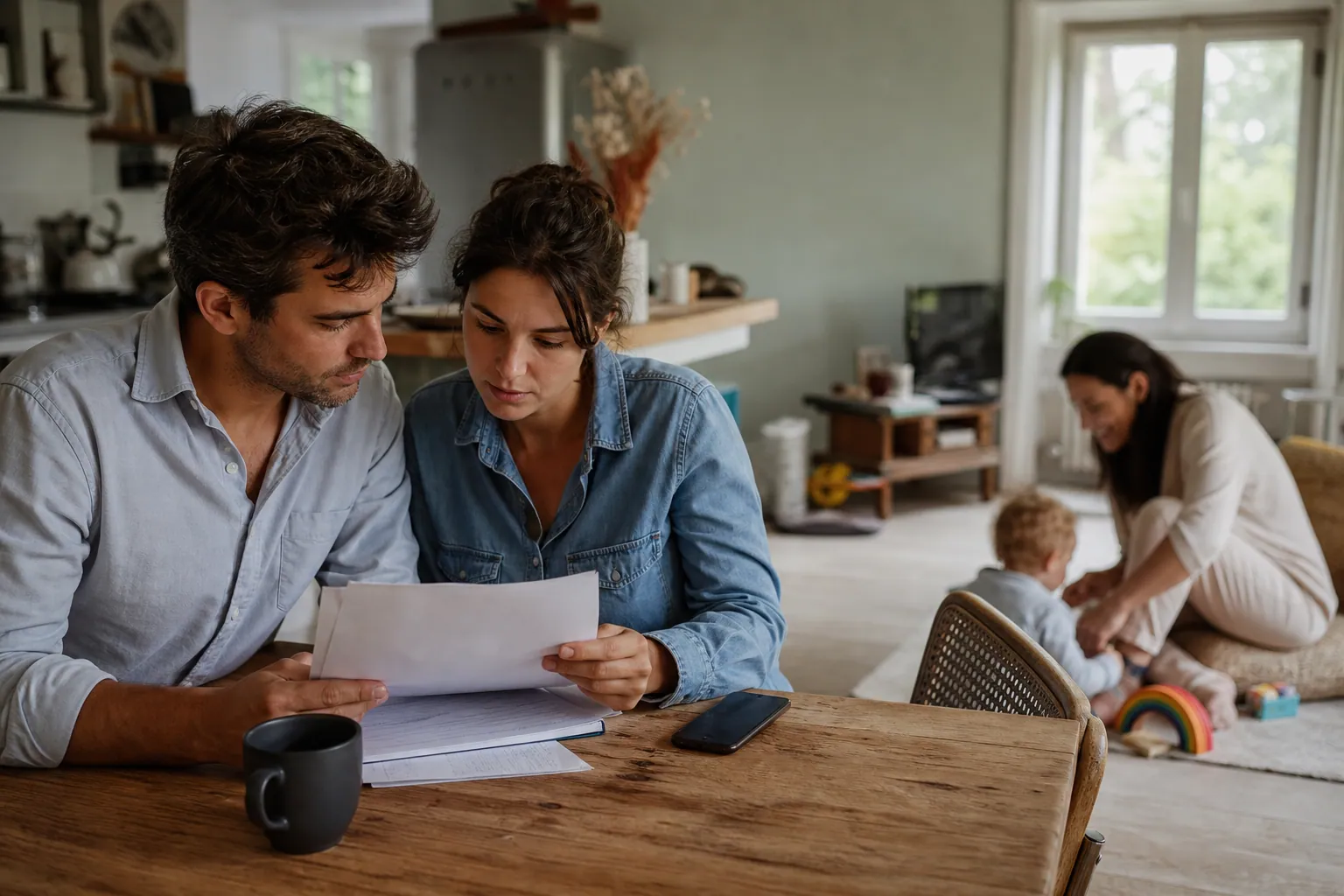 Parents français et nounou à domicile autour de la garde d’un jeune enfant, dans un salon lumineux.