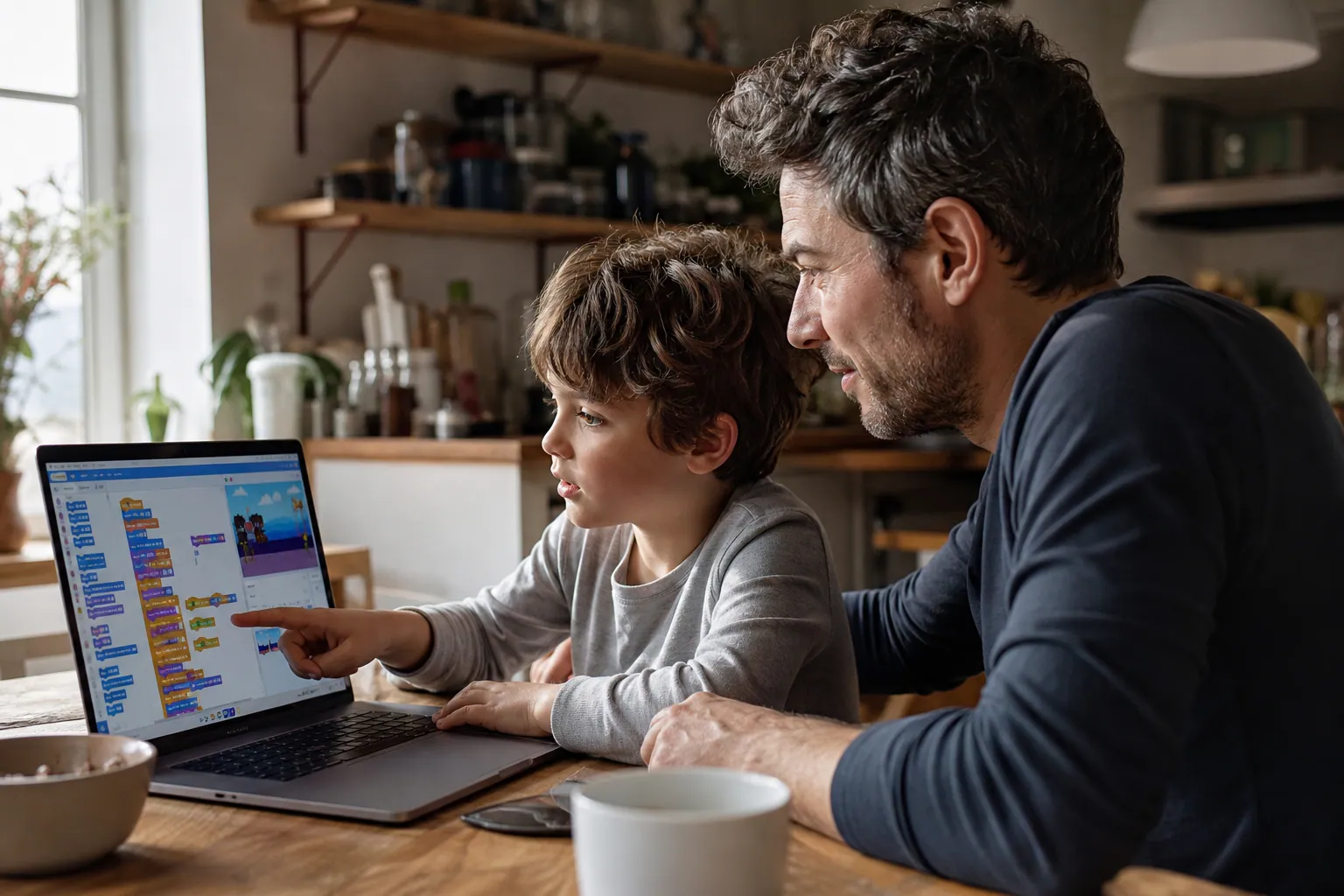 Parent et enfant découvrant Scratch ensemble sur un ordinateur portable