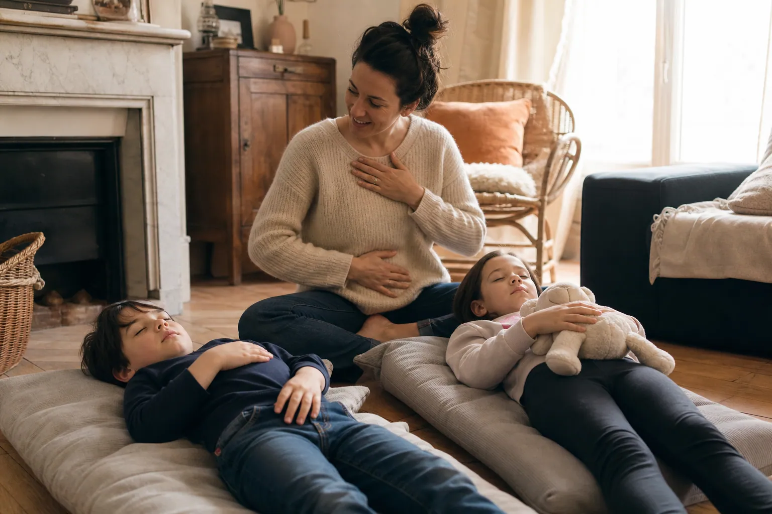 Parent et enfants pratiquant un exercice de respiration douce à la maison