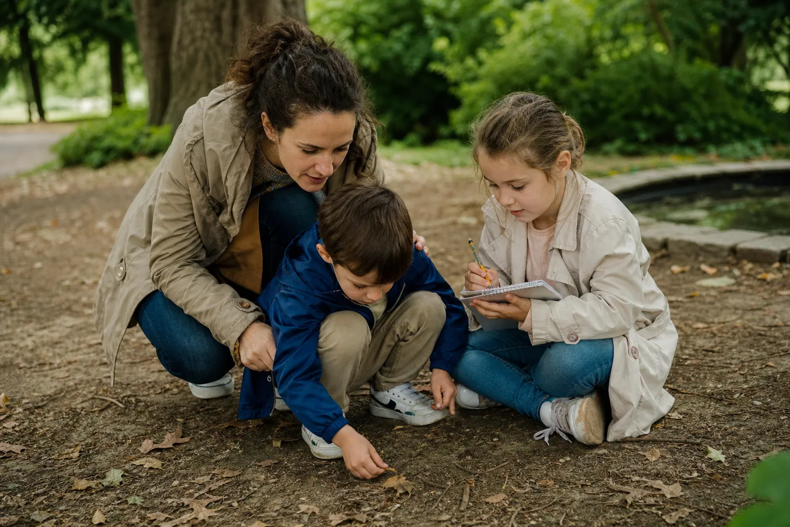 Parent et enfants observant des feuilles dans un parc, carnet à la main