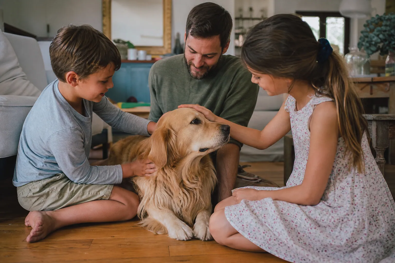 Parent et enfants câlinant doucement leur chien dans un salon chaleureux.