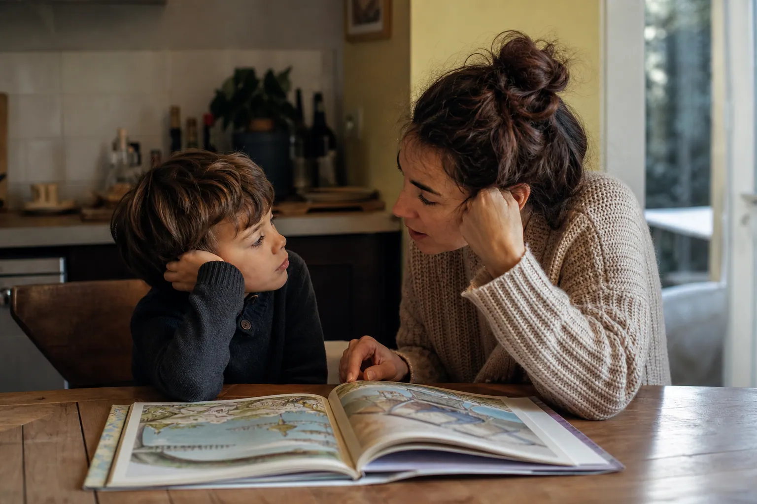 Parent et enfant lisant ensemble un livre dans deux langues à la maison, ambiance chaleureuse.