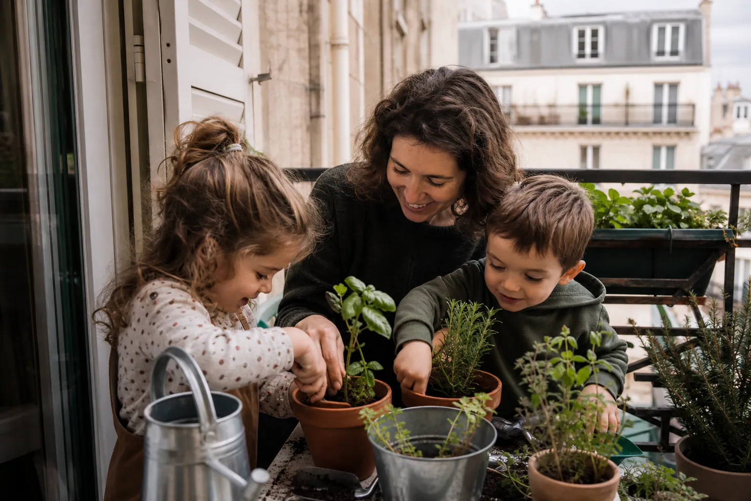 Parent et enfants jardinent ensemble sur un balcon, mains dans la terre.