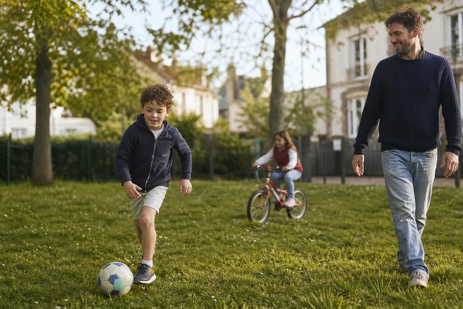 Enfant français jouant au ballon au parc, sous le regard d’un parent