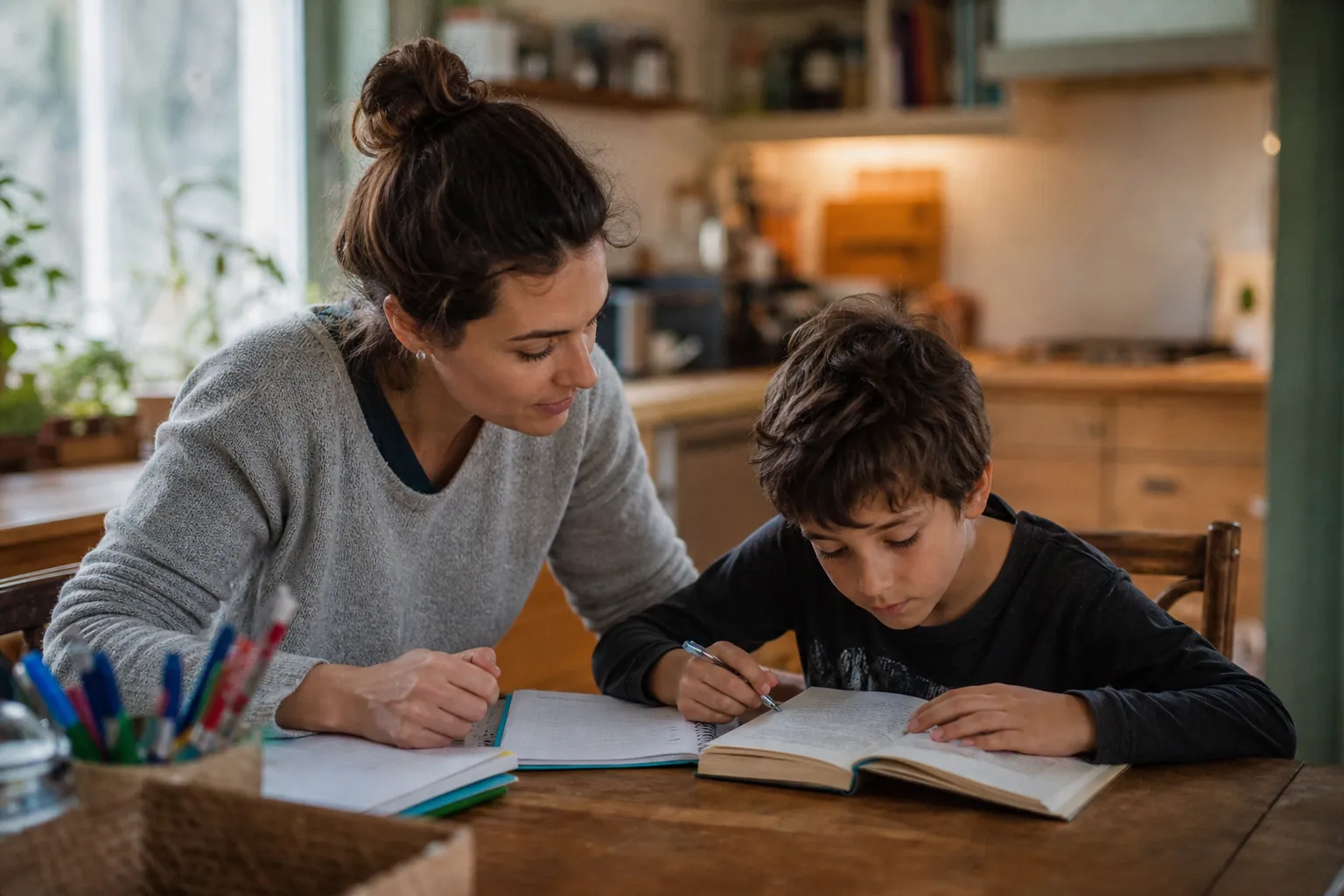Parent aidant son enfant à faire l’école à la maison, dans une ambiance lumineuse et sereine.
