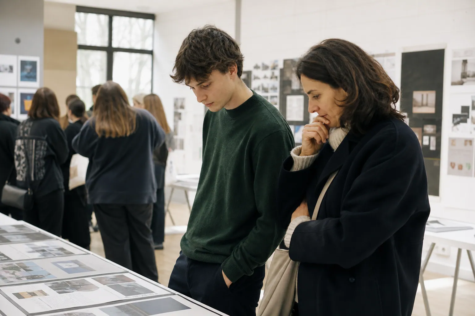 Parent et étudiant visitant une école de design graphique en région parisienne