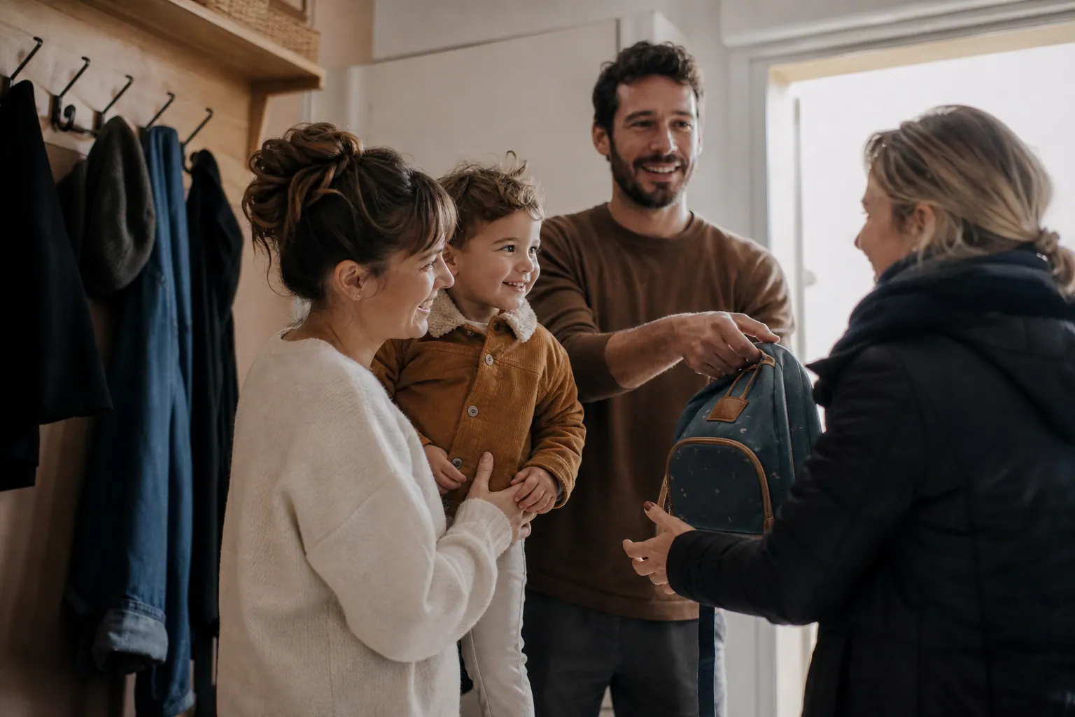 Parents français préparant leur enfant pour sa garde du matin