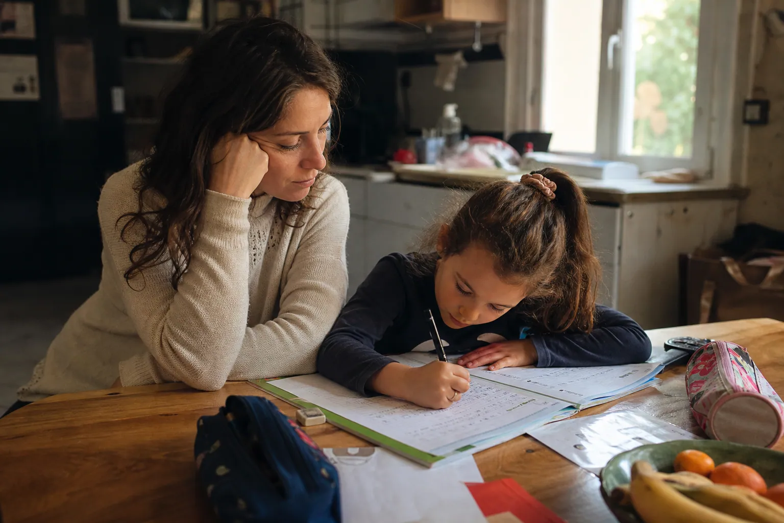 Parent aidant son enfant à faire ses devoirs à la maison, dans une ambiance calme et chaleureuse.