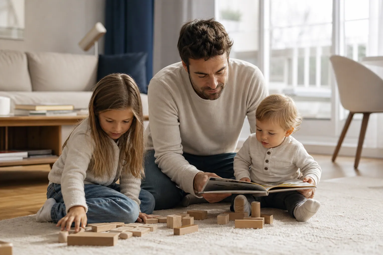 Parent et enfants jouant et lisant ensemble dans un salon lumineux.