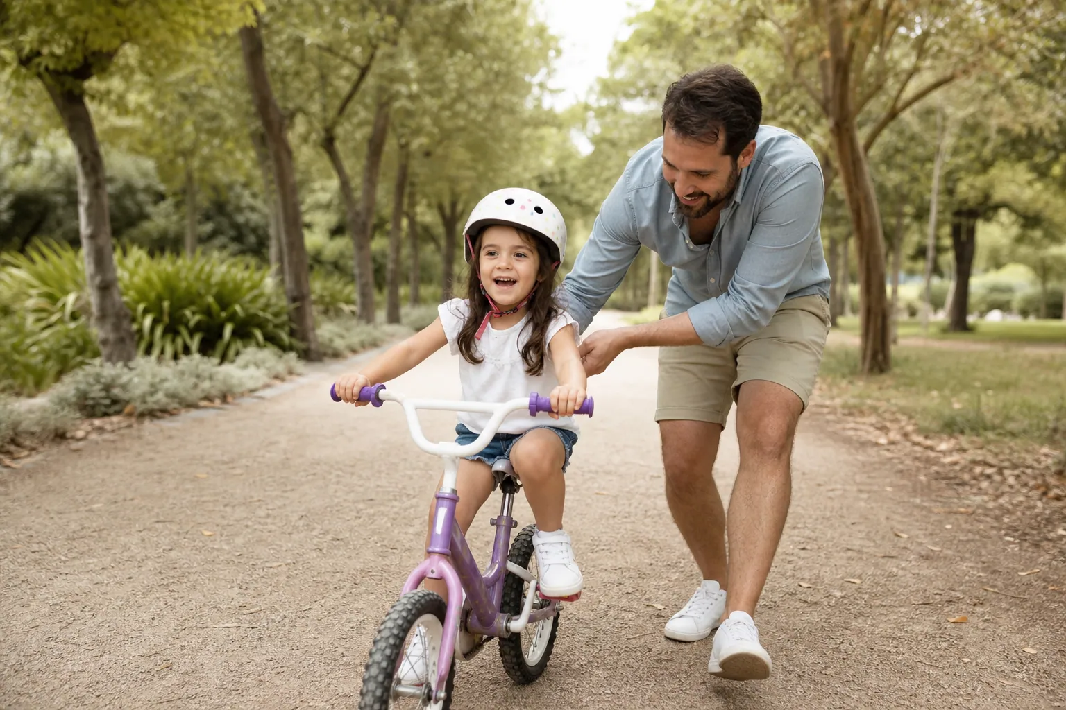 Parent aidant son enfant à apprendre le vélo dans un parc
