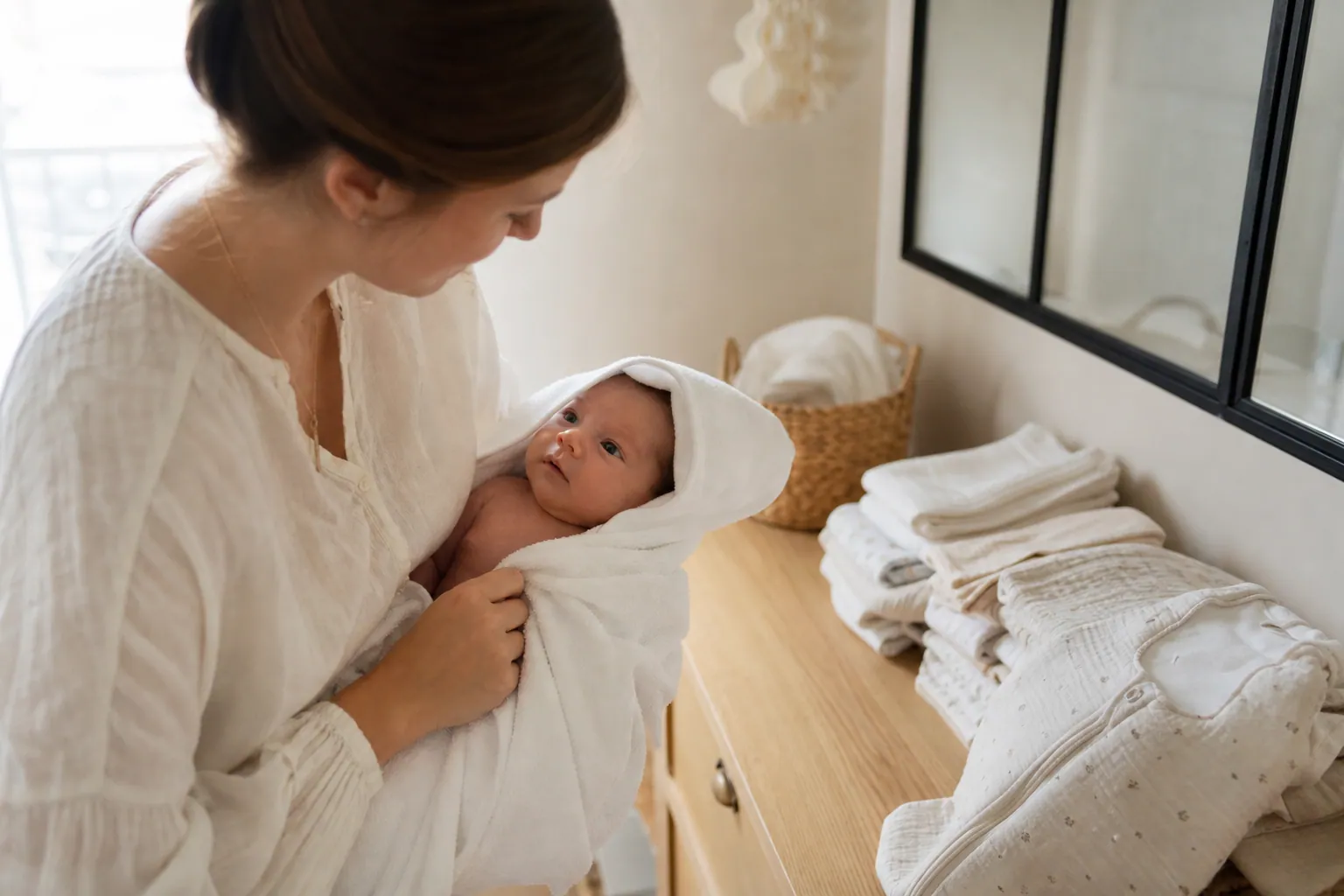 Une mère enveloppe son nouveau-né dans une cape de bain en coton, près de langes et de bodies pliés.