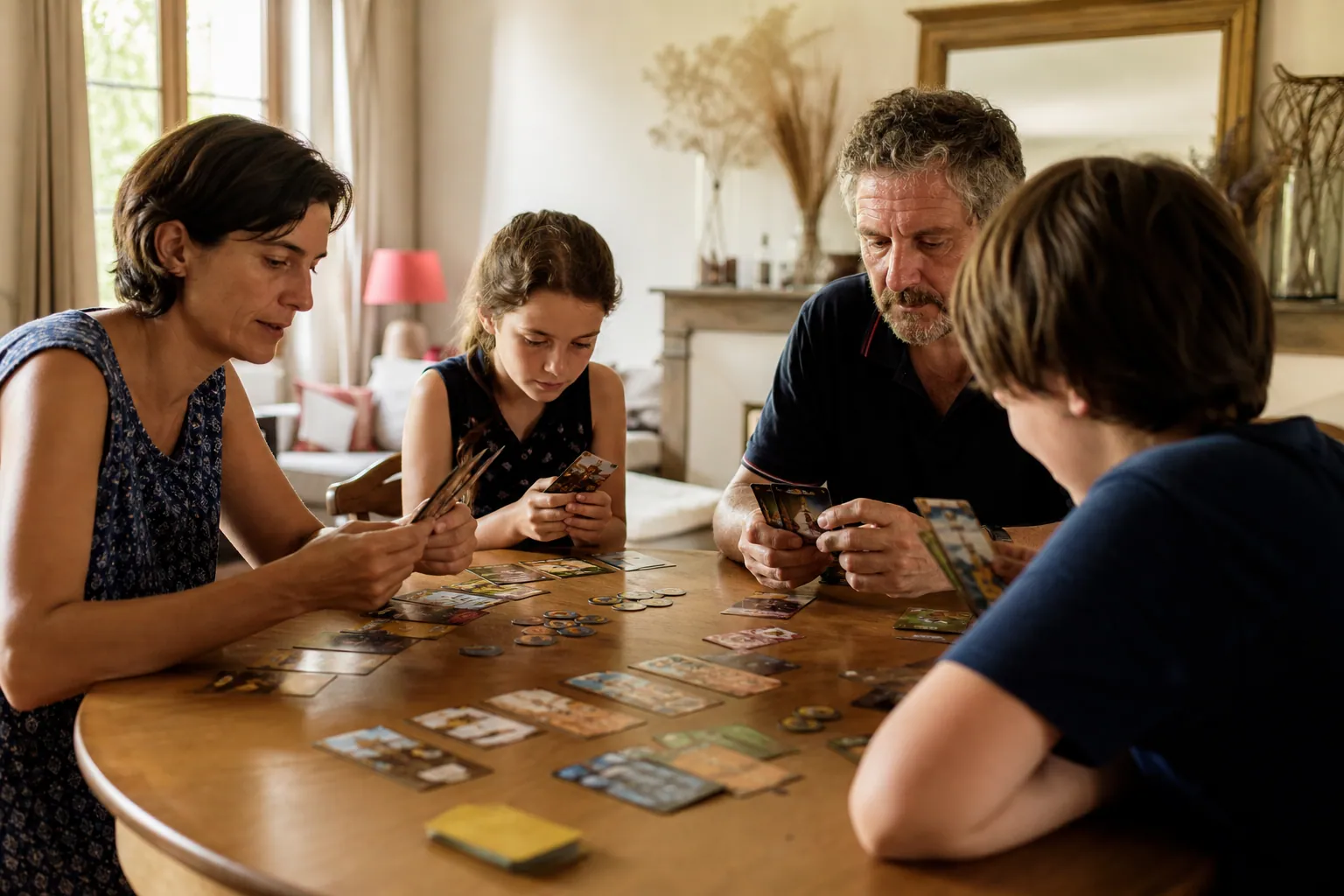 Famille française jouant à 7 Wonders autour d’une table, dans une ambiance chaleureuse.