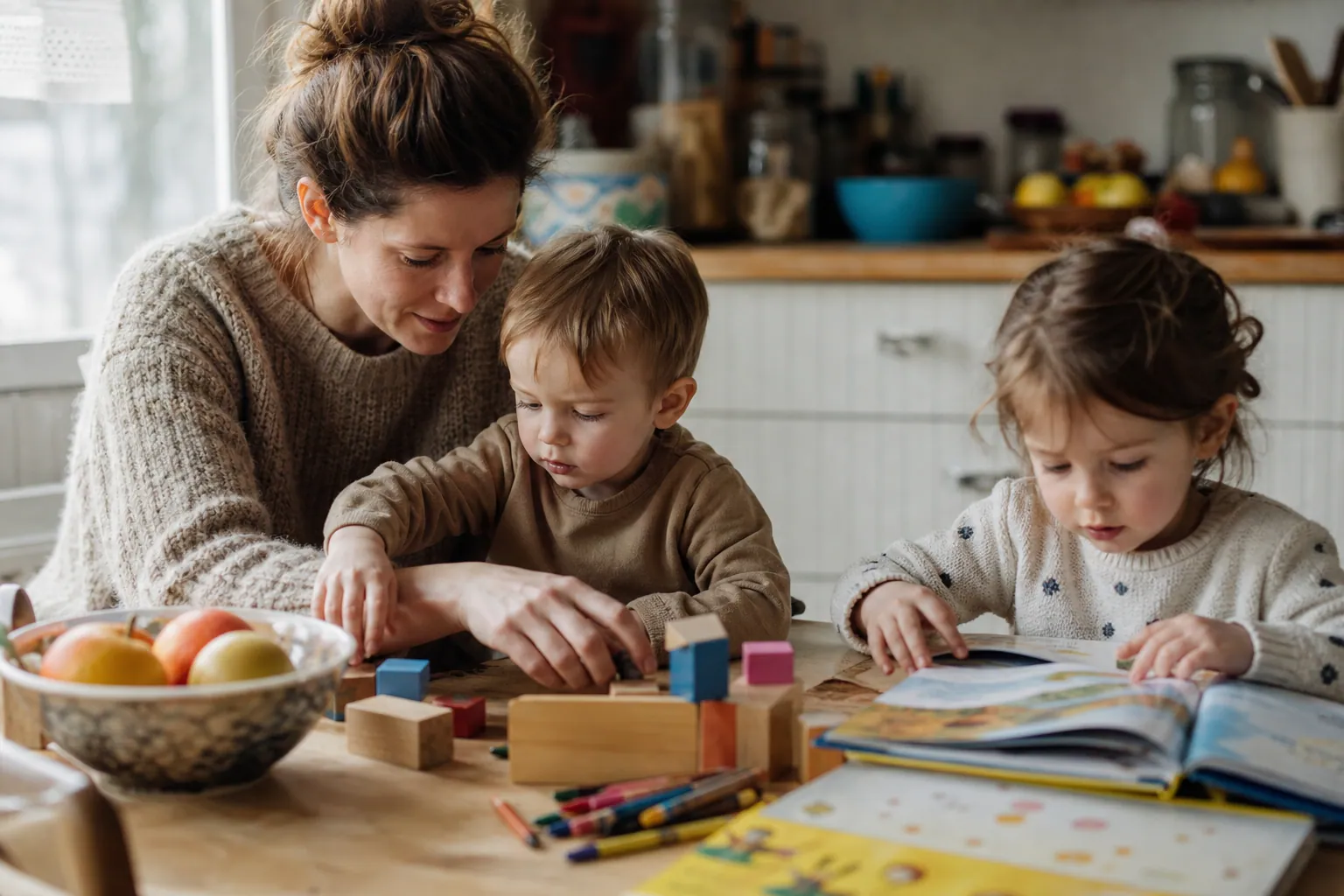 Parent et enfants faisant une activité d’éveil autour d’une table, à la maison.