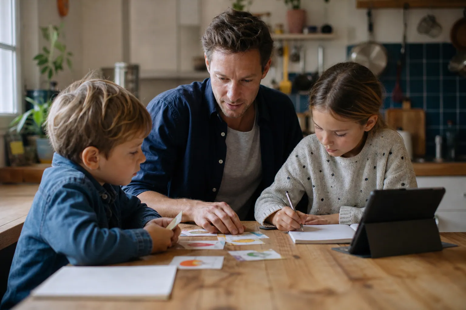Parent et enfants révisant une langue étrangère autour de la table de cuisine